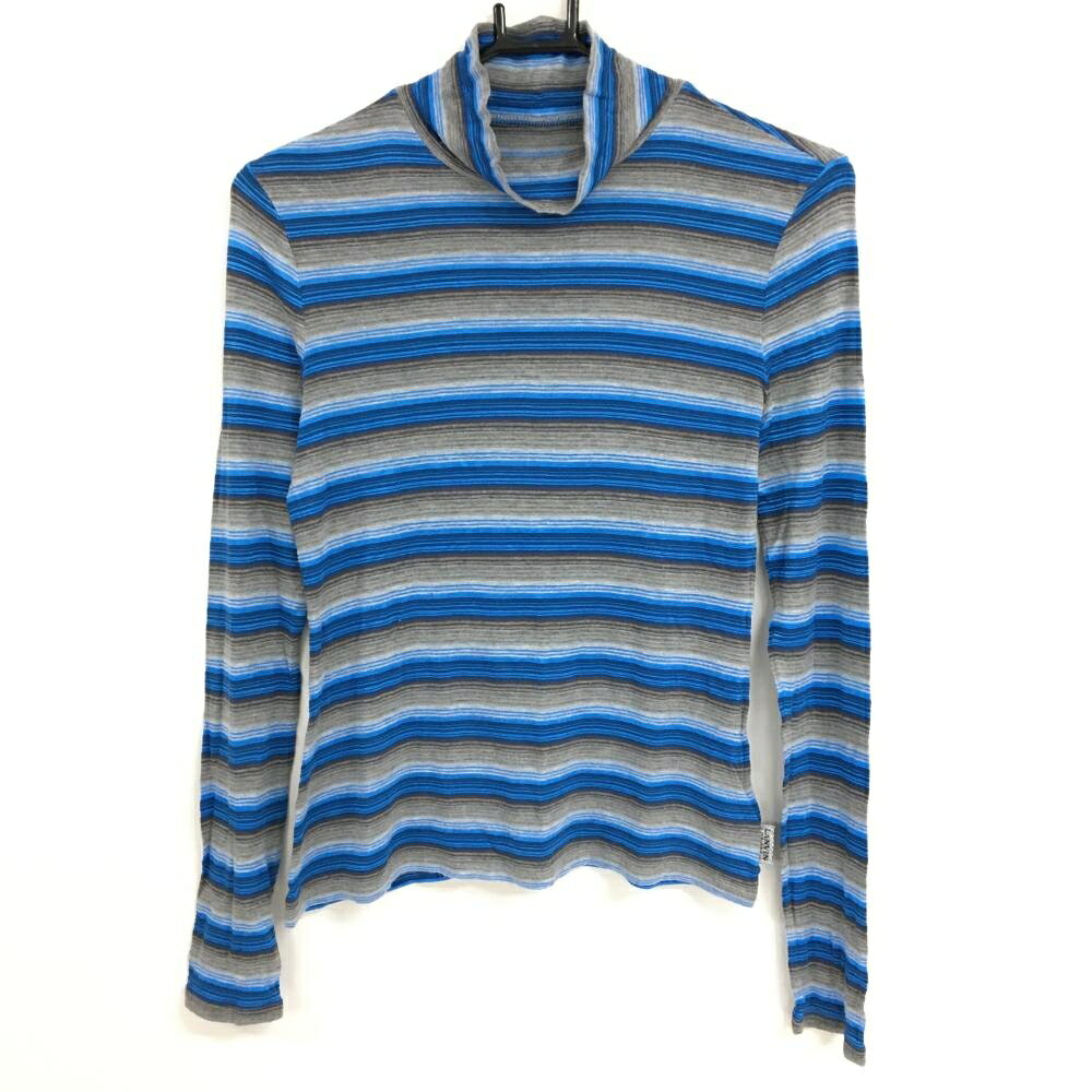 Polo衫 - 【美品】ランバンスポール 長袖ハイネックシャツ ブルー×グレー ボーダー 薄手 レーヨン混 レディース 38(M) ゴルフウェア LANVIN SPORT