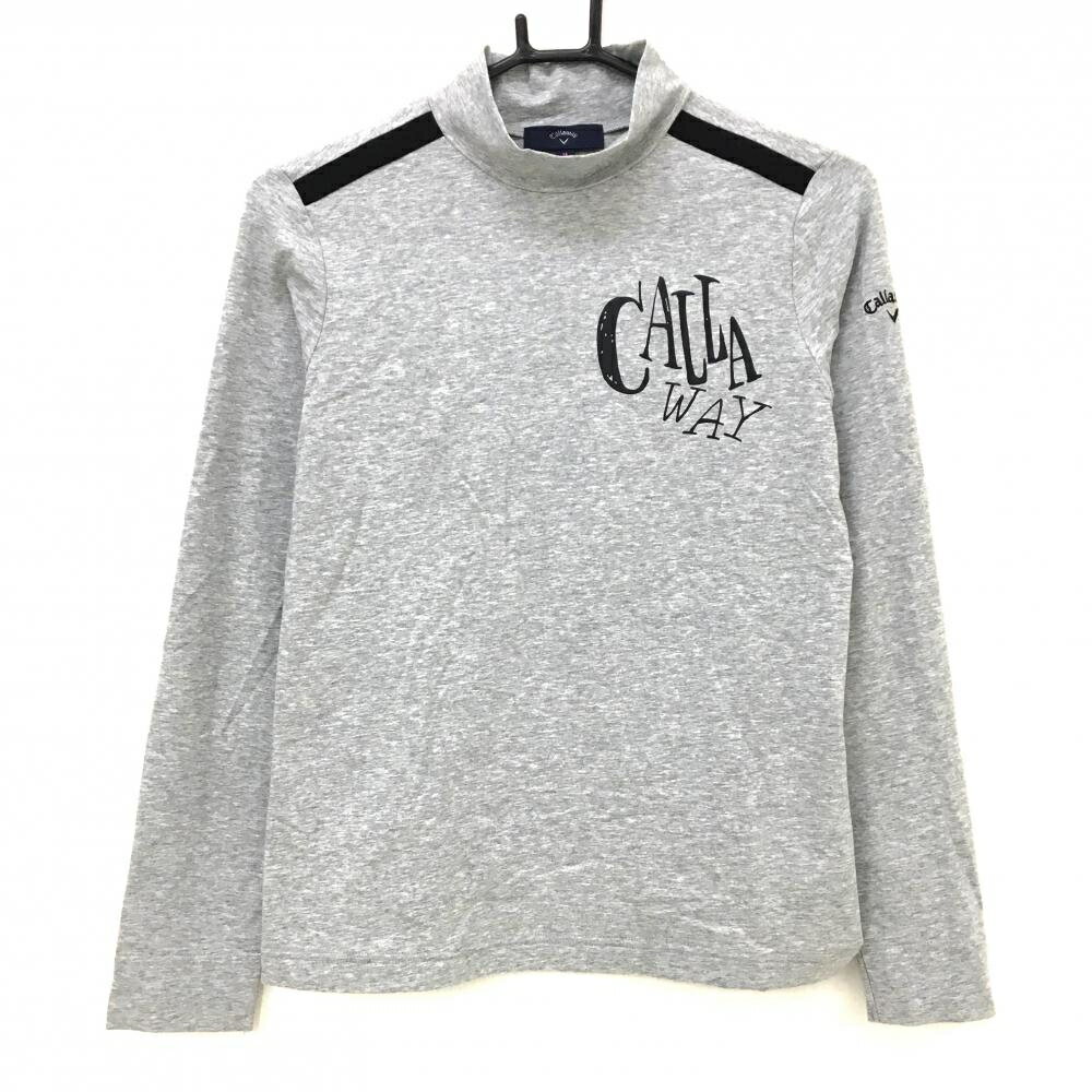 【美品】キャロウェイ 長袖ハイネックシャツ 杢グレー×黒 肩ライン ロゴプリント レディース M ゴルフウェア Callaway