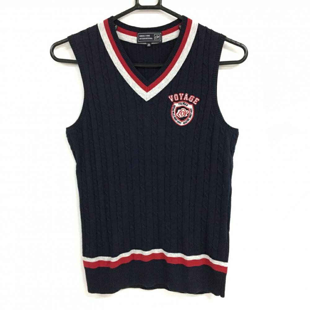 【美品】ゾーイ ニットベスト ネイビー×白 ケーブル編み ロゴ刺しゅう Vネック カシミヤ混 レディース ..