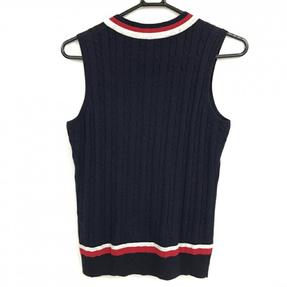 【美品】ゾーイ ニットベスト ネイビー×白 ケーブル編み ロゴ刺しゅう Vネック カ...
