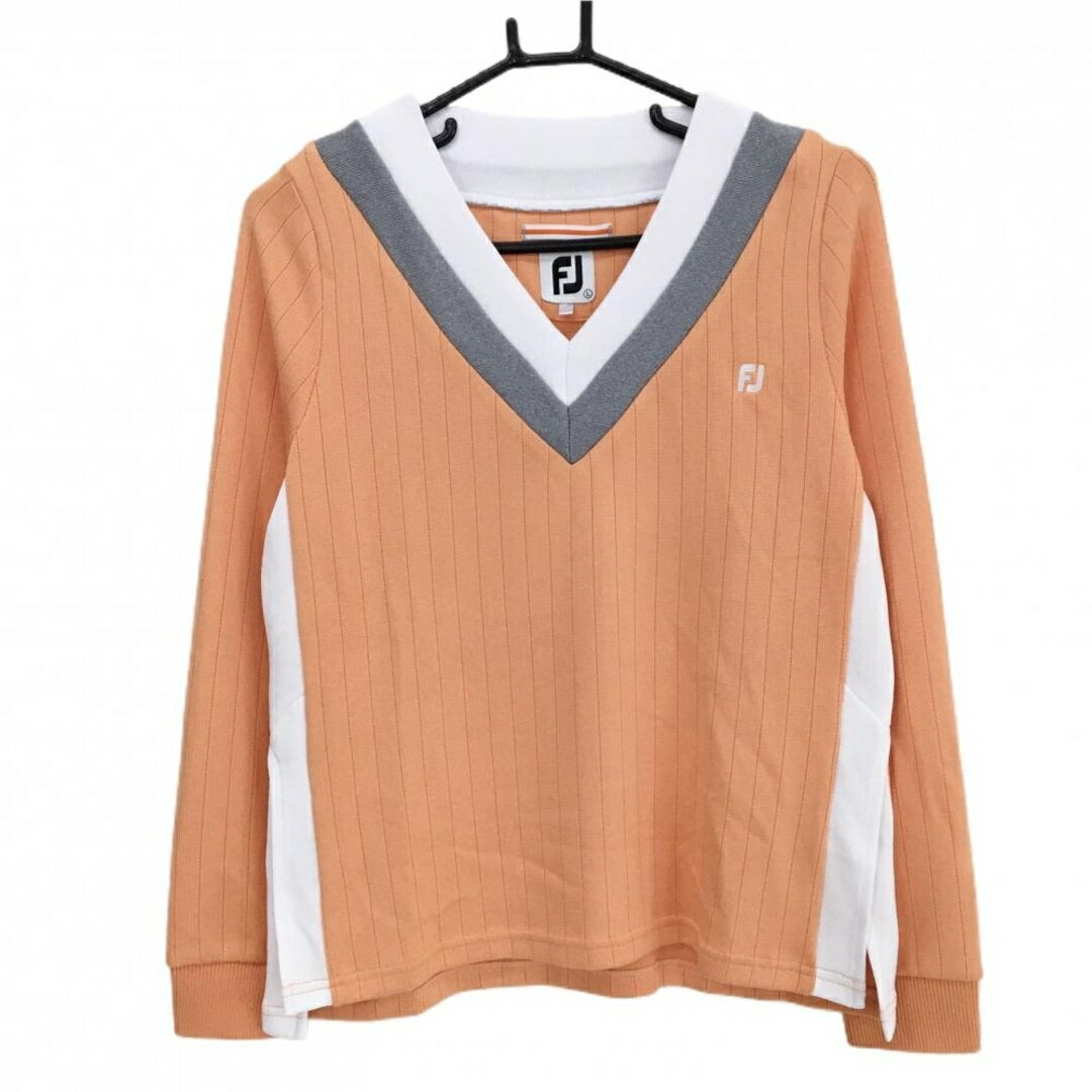 【超美品】フットジョイ 長袖Tシャツ オレンジ×白 ストライプ地模様 Vネック ロゴ刺しゅう レディース L ゴルフウェア FootJoy