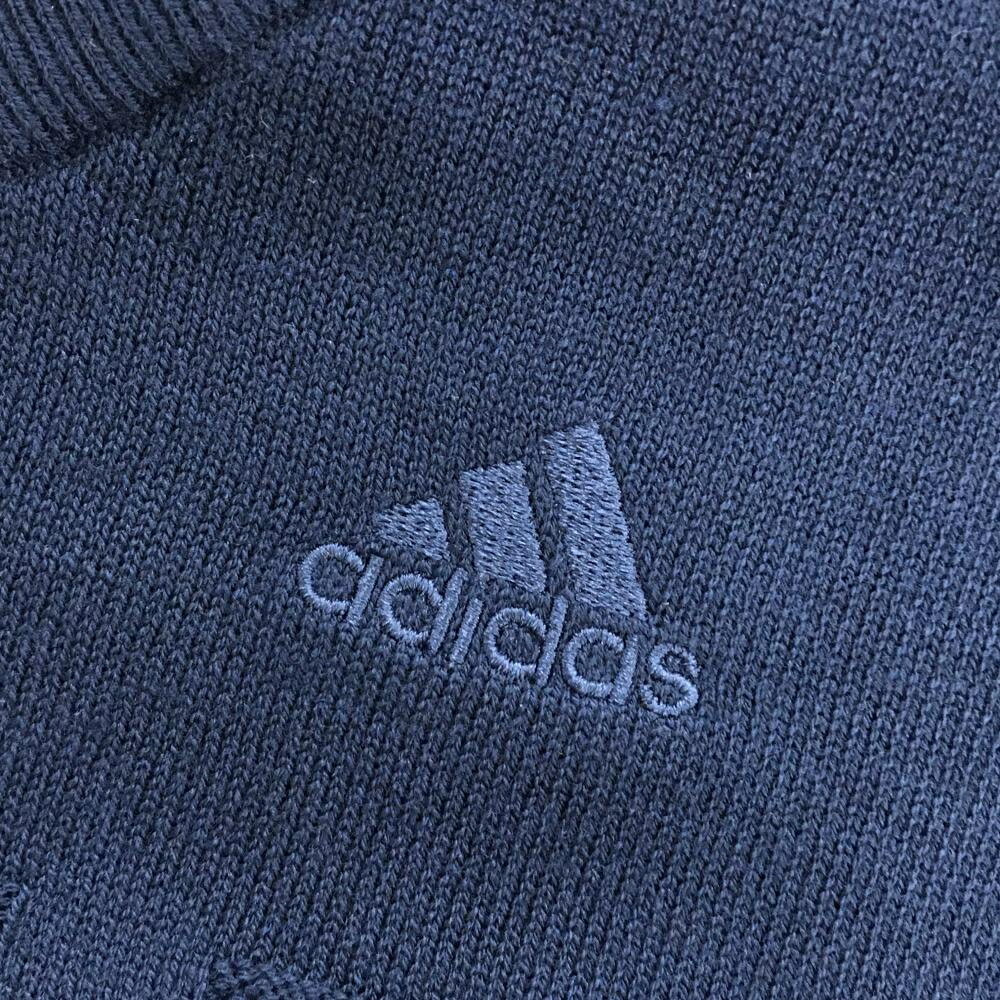 【美品】アディダス ニットベスト ネイビー×白 前下部格子調編み Vネック ロゴ刺しゅう レディース ゴルフウェア adidas