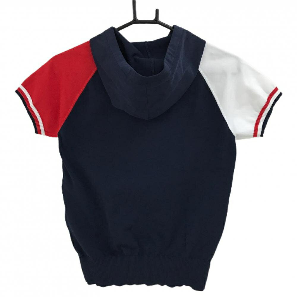【超美品】ルコックゴルフ 半袖ニットパーカー ネイビー×レッド フロントロゴ セーター レディース M ゴルフウェア le coq sportif