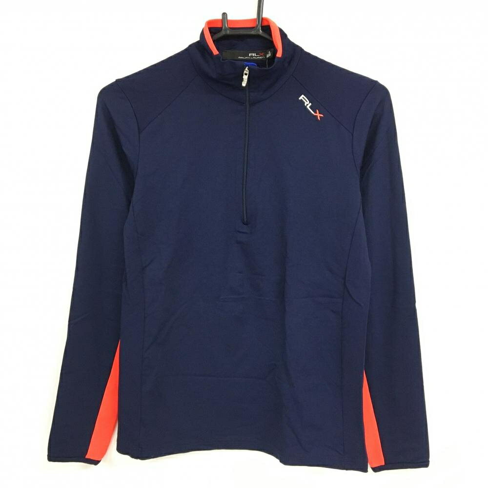 【超美品】RLXラルフローレン 長袖ハイネックシャツ ネイビー×蛍光オレンジ レディース XS ゴルフウェ..