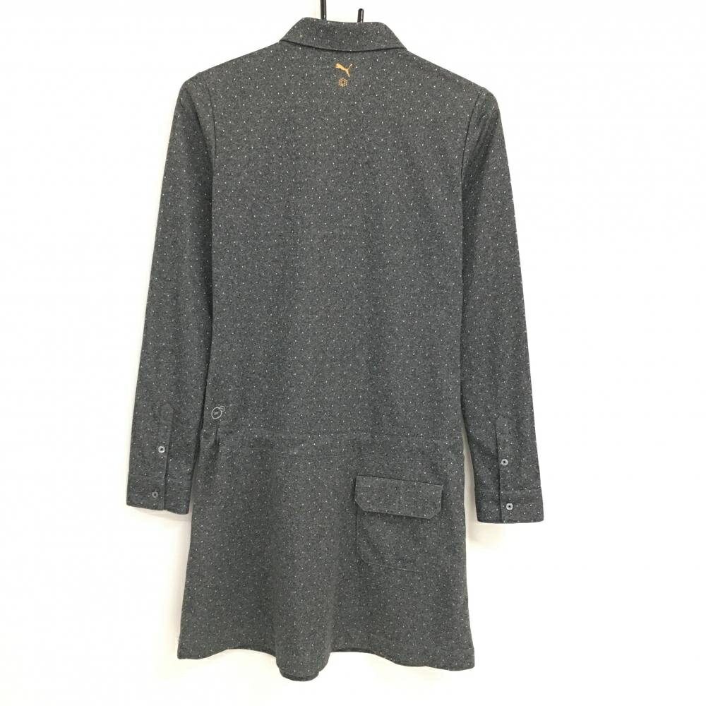 【超美品】プーマ 長袖ポロワンピース 杢グレー×白 ドット柄 ロゴ刺しゅう DRYCELL レディース L ゴルフウェア PUMA