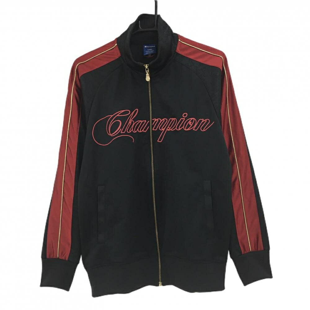 【ポイント10倍！楽天スーパーセール期間限定】【超美品】チャンピオン ジャケットブルゾン 黒×レッド 一部地模様 袖ゴールドライン ロゴ刺しゅう メンズ L ゴルフウェア Champion