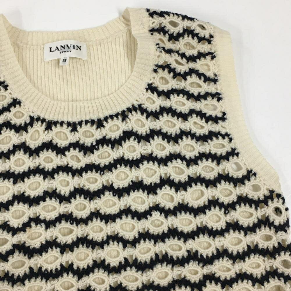 【美品】ランバンスポール ニットベスト 白×黒 前面透かし編み ウール混 レディー...