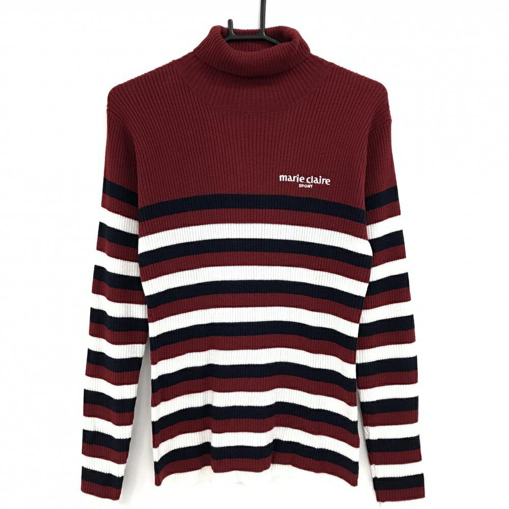 【超美品】マリクレールスポール タートルネックセーター ボルドー×白 ボーダー ロゴ刺しゅう レディース L ゴルフウェア marie claire