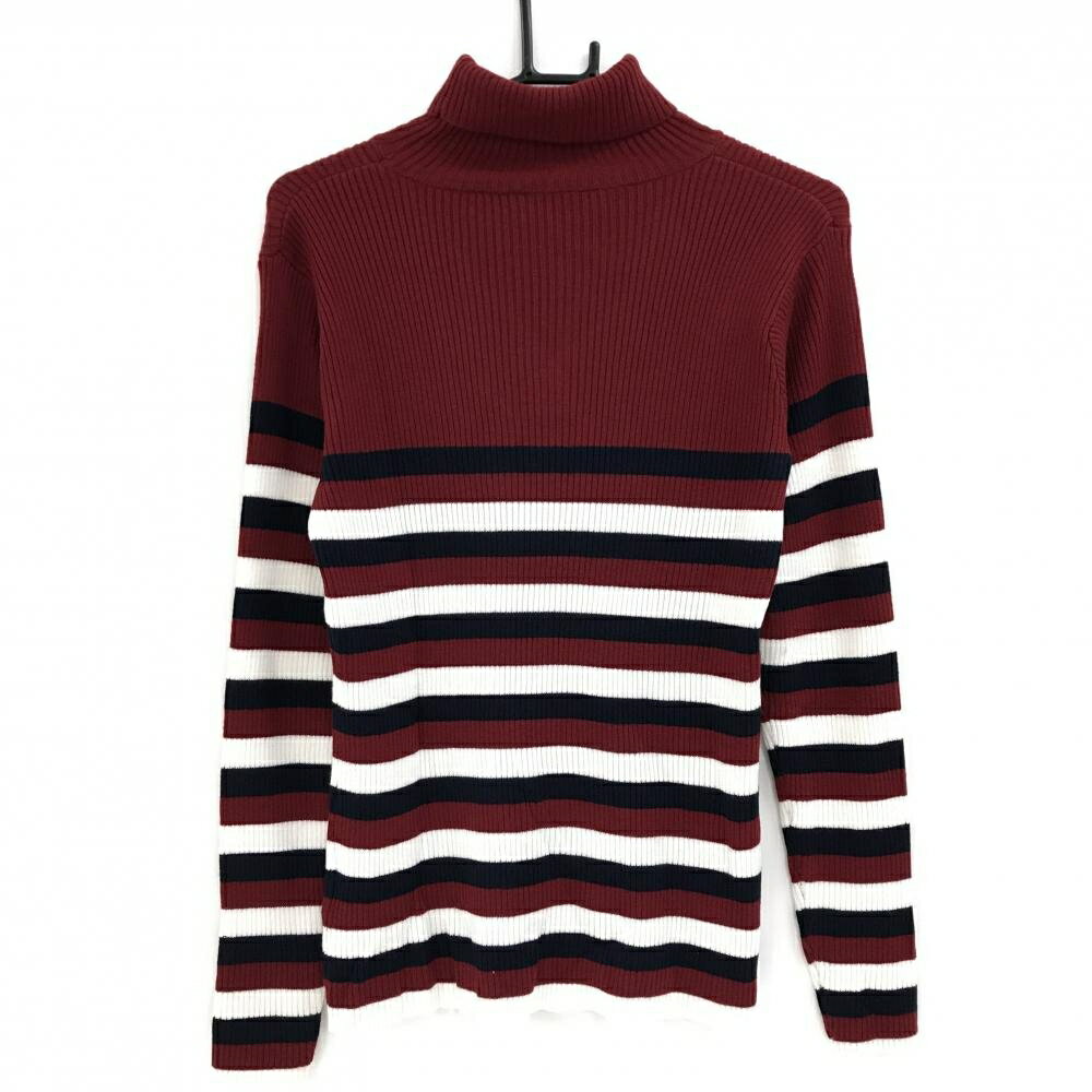 【超美品】マリクレールスポール タートルネックセーター ボルドー×白 ボーダー ロゴ刺しゅう レディース L ゴルフウェア marie claire