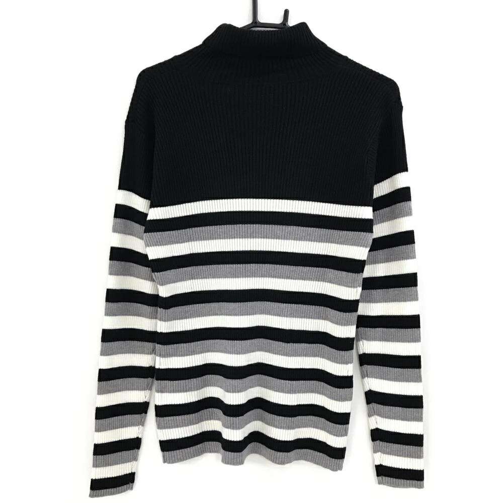 【超美品】マリクレールスポール タートルネックセーター 黒×白 ボーダー柄 ロゴ刺しゅう レディース L ゴルフウェア marie claire