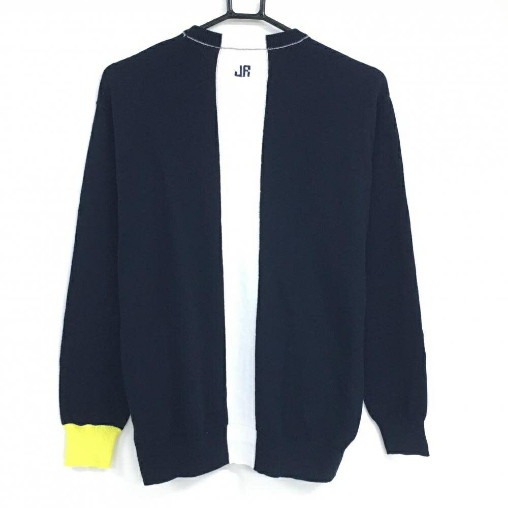 【美品】ジュンアンドロペ セーター ネイビー×白×イエロー フラミンゴ刺しゅう メンズ M ゴルフウェア JUN＆ROPE