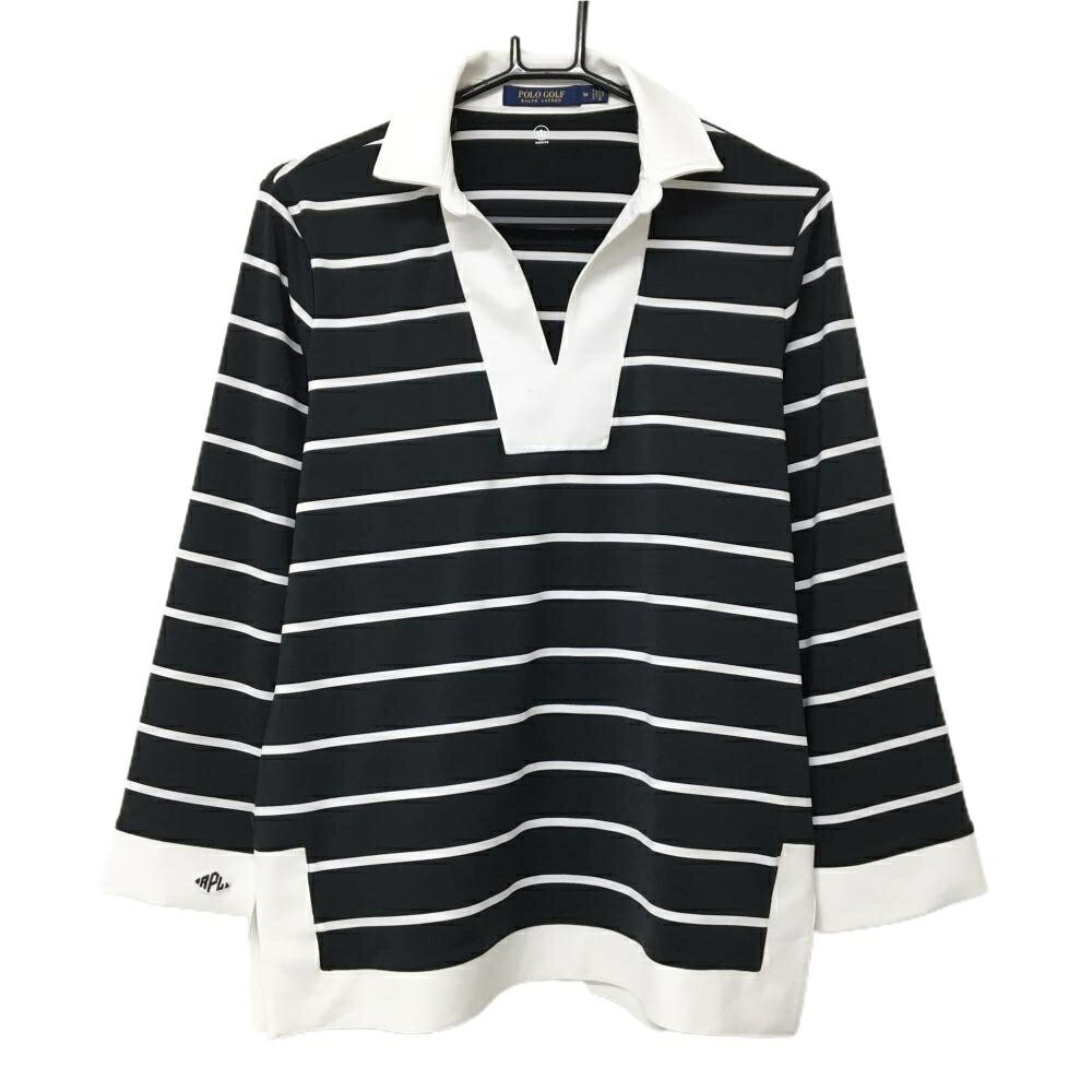 ポロゴルフ ラルフローレン 長袖スキッパーシャツ 黒×白 ボーダー 裾スリット レディース M ゴルフウェア Ralph Lauren