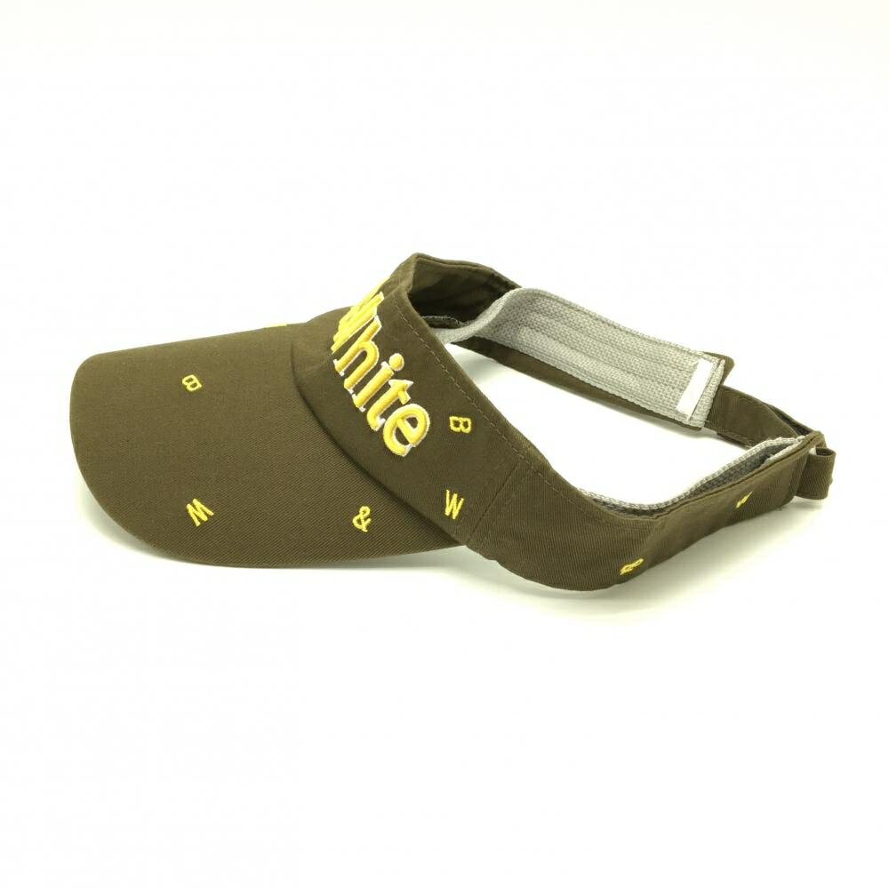 【美品】ブラックアンドホワイト サンバイザー カーキ×イエロー 英字総柄刺しゅう 立体ロゴ ゴルフウェア Black＆White