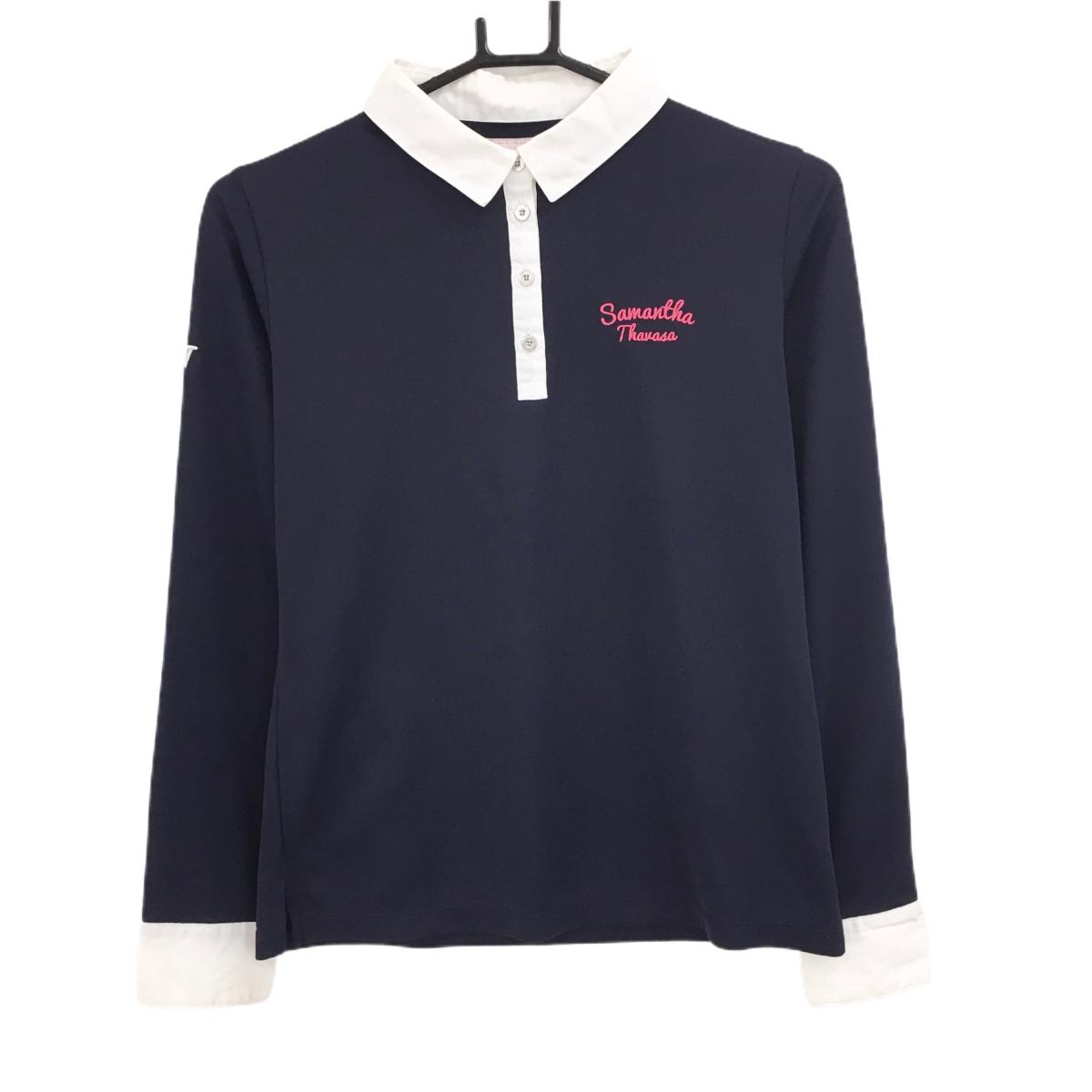 サマンサタバサUNDER25 長袖ポロシャツ ネイビー×白 バックロゴ レディース M ゴルフウェア Samantha T..