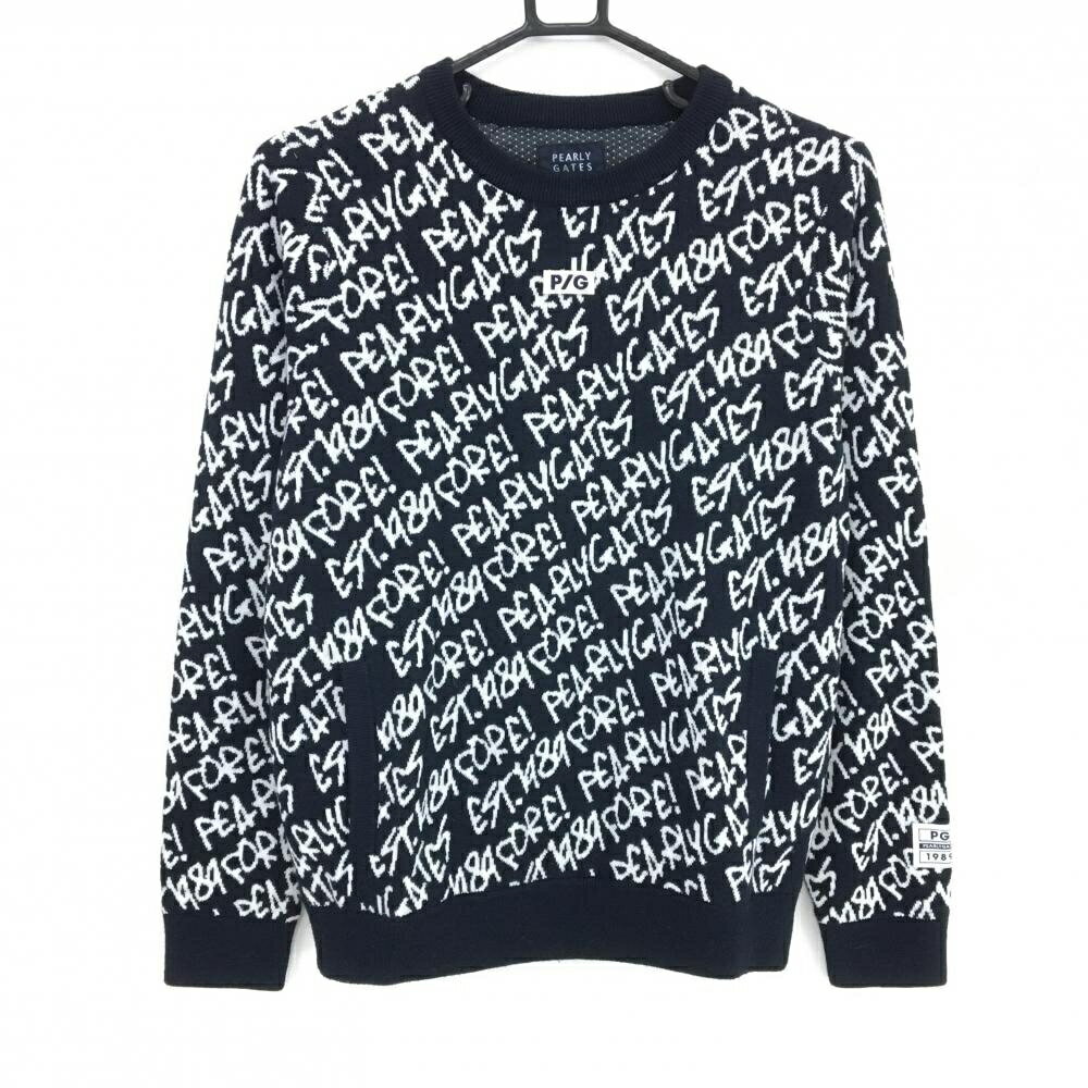 【超美品】パーリーゲイツ セーター ネイビー×白 ロゴ総柄 裏地付 レディース 1(M) ゴルフウェア PEARLY GATES