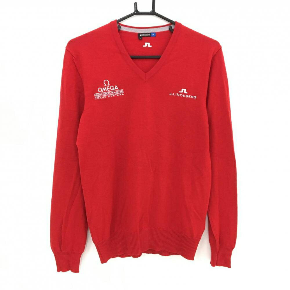 【超美品】ジェイリンドバーグ セーター レッド×白 OMEGA EUROPEAN MASTERS ウール100％ Vネック メンズ S ゴルフウェア J．LINDEBERG