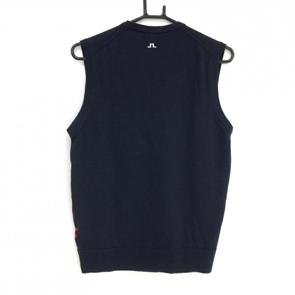 【超美品】ジェイリンドバーグ ニットベスト ネイビー×レッド 前ボーダー ウール100％ Vネック メンズ M ゴルフウェア J．LINDEBERG