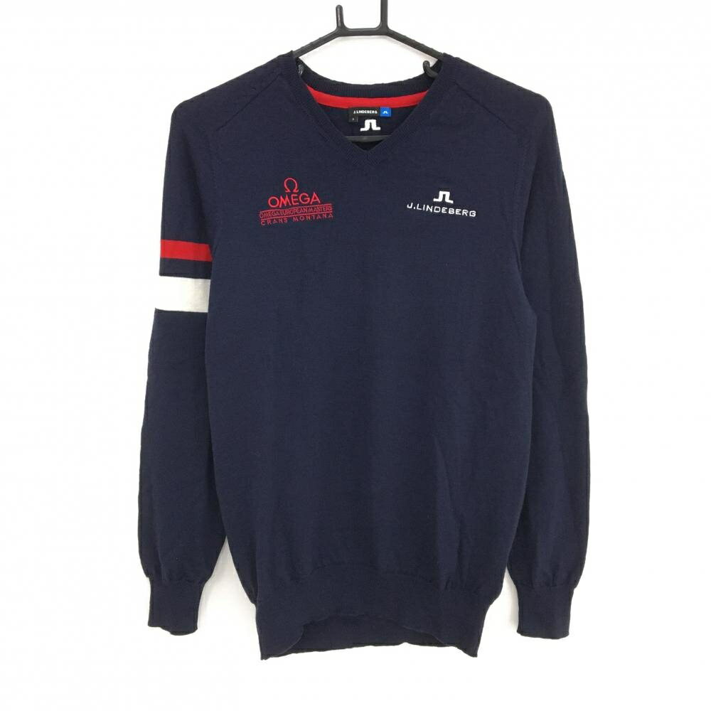 【美品】ジェイリンドバーグ セーター ネイビー×レッド×白 OMEGA EUROPEAN MASTERS ウール100％ メンズ S ゴルフウェア J．LINDEBERG