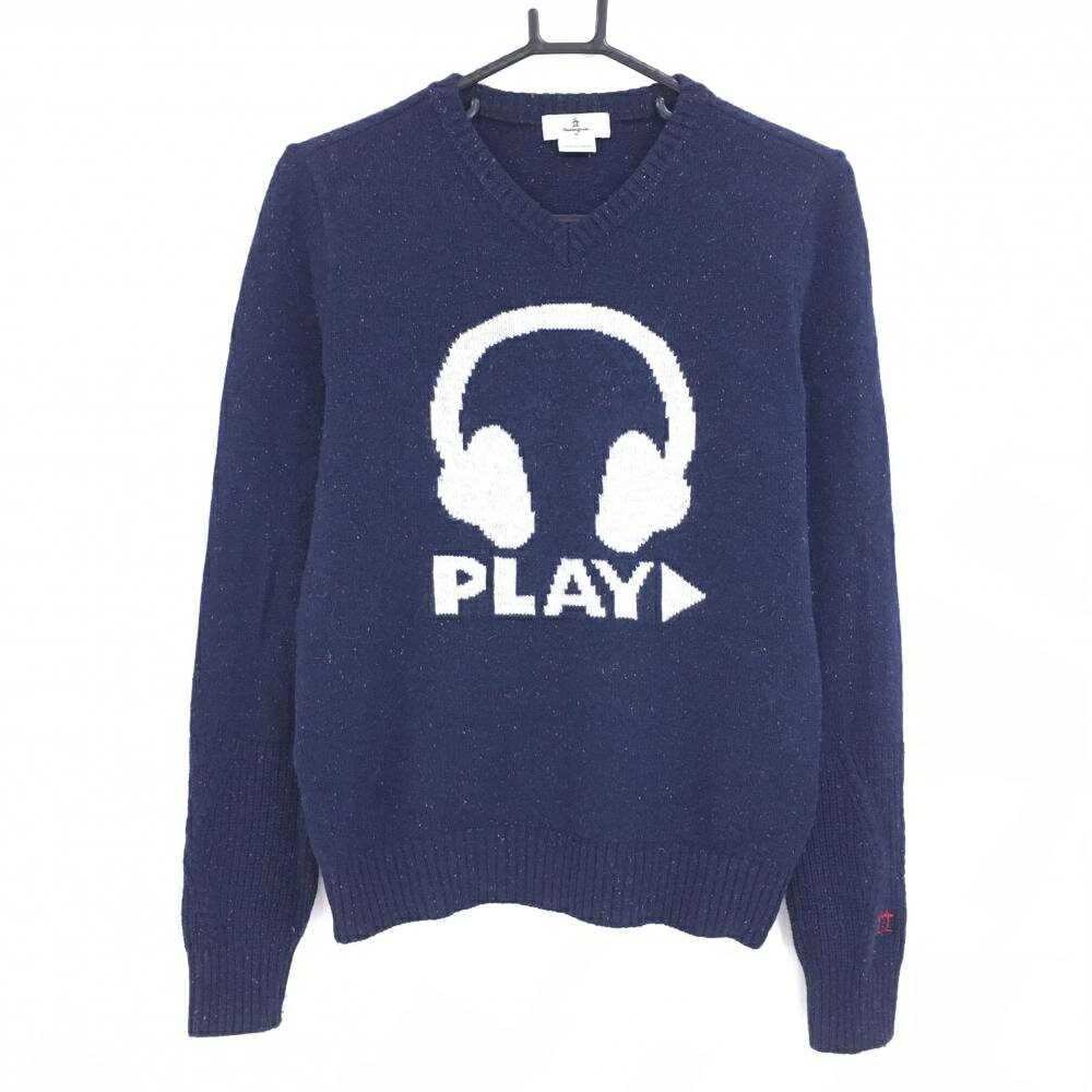 マンシングウェア セーター ネイビー系×白 フロントロゴ ウール・シルク混 Vネック ニット レディース M ゴルフウェア Munsingwear