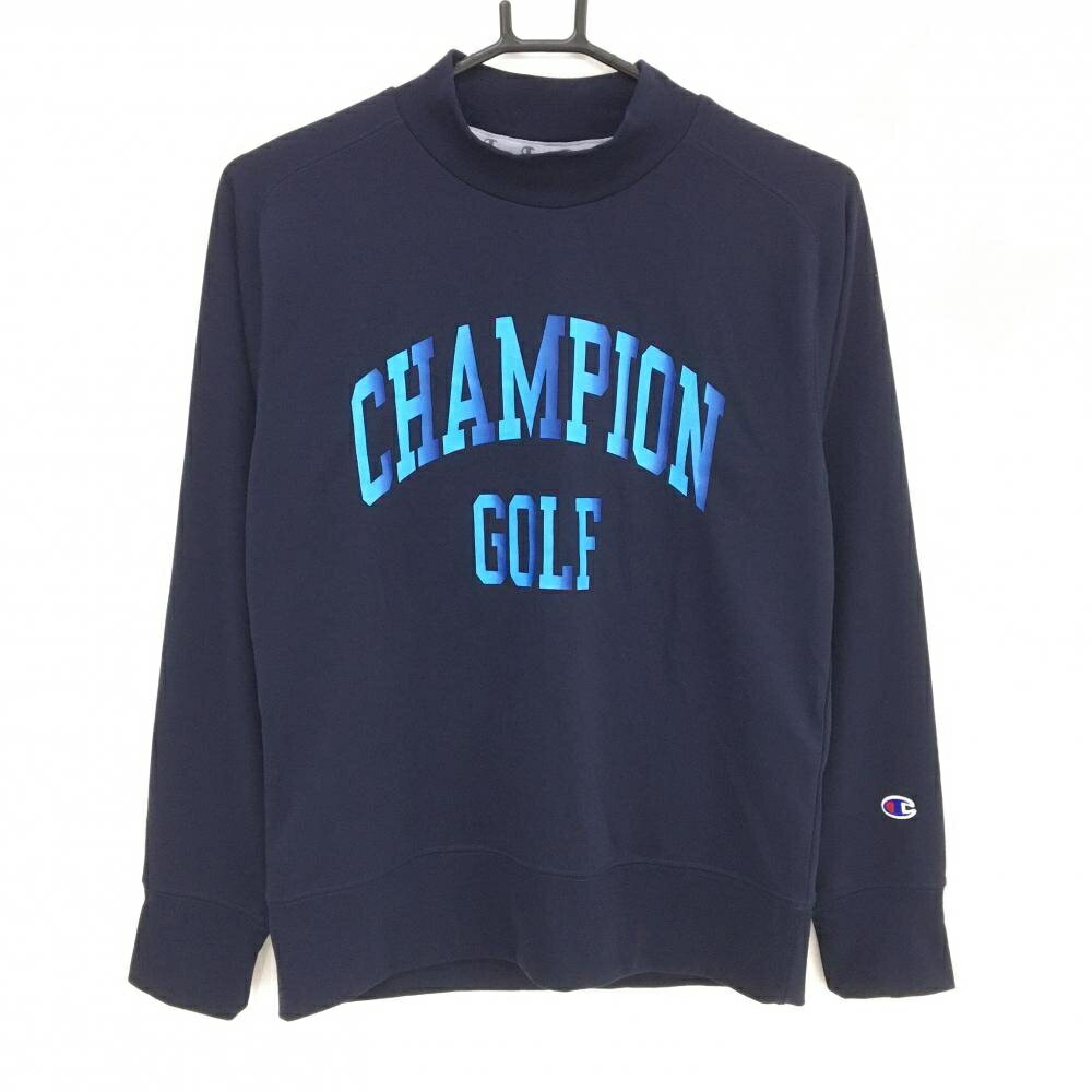 【ポイント10倍！楽天スーパーセール期間限定】【超美品】チャンピオン 長袖ハイネックシャツ ネイビー×ブルー フロントロゴ 袖口刺しゅう レディース LARGE ゴルフウェア Champion