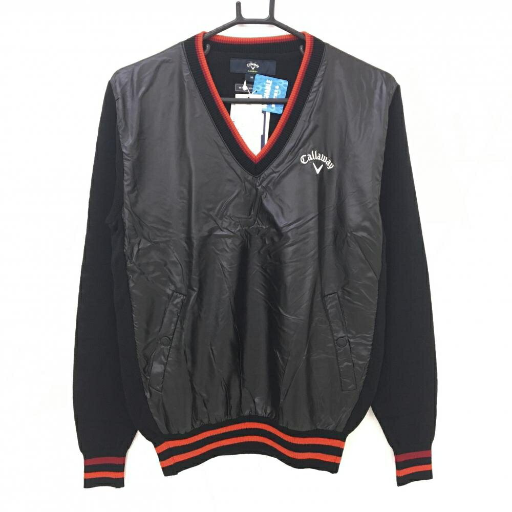 【新品】キャロウェイ 切替セーター 黒×レッド 前身頃地模様 Vネック ウール混 ニット メンズ M ゴルフウェア Callaway