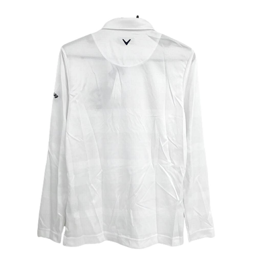 【新品】キャロウェイ 長袖ポロシャツ 白 ロゴネイビー ボーダー地模様 ボタンダウン UVカット メンズ M ゴルフウェア Callaway