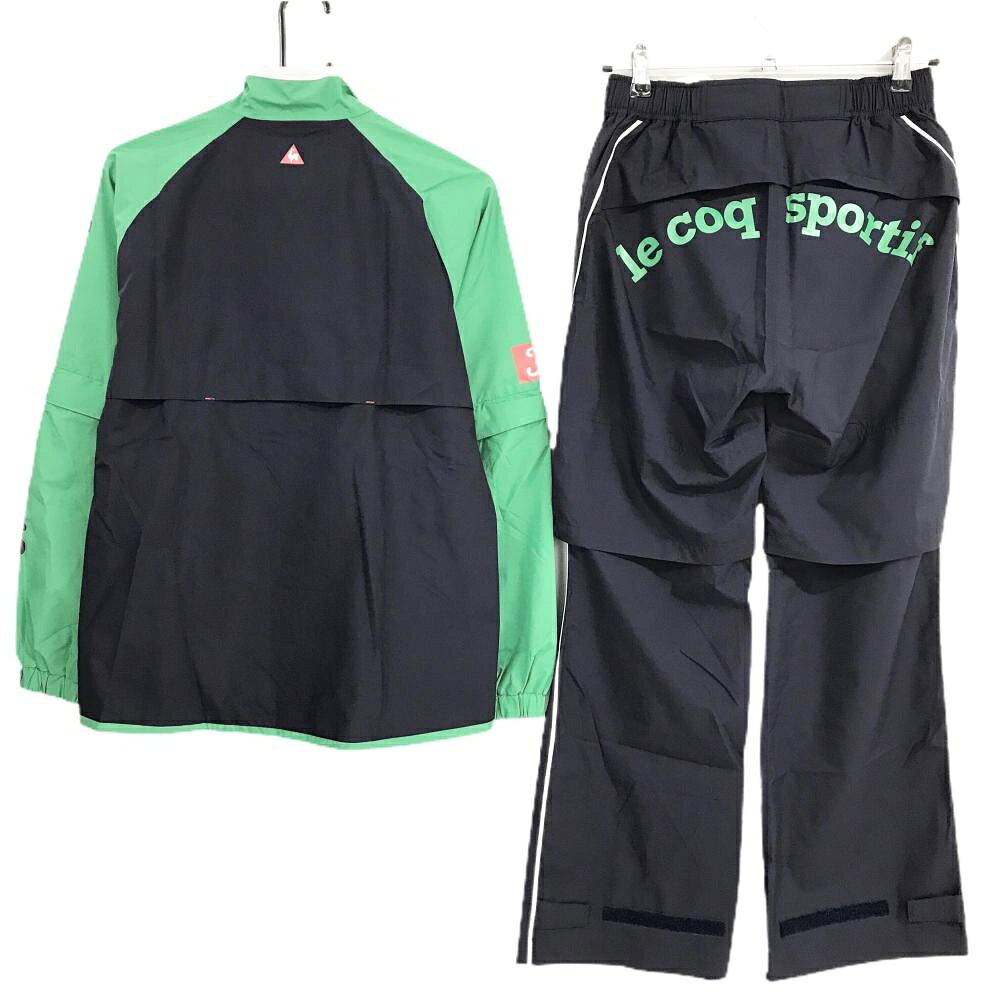 【美品】ルコックゴルフ レインウェア(2WAYジャケット×パンツ) ネイビー×グリーン 裏メッシュ レディース M ゴルフウェア le coq sportif