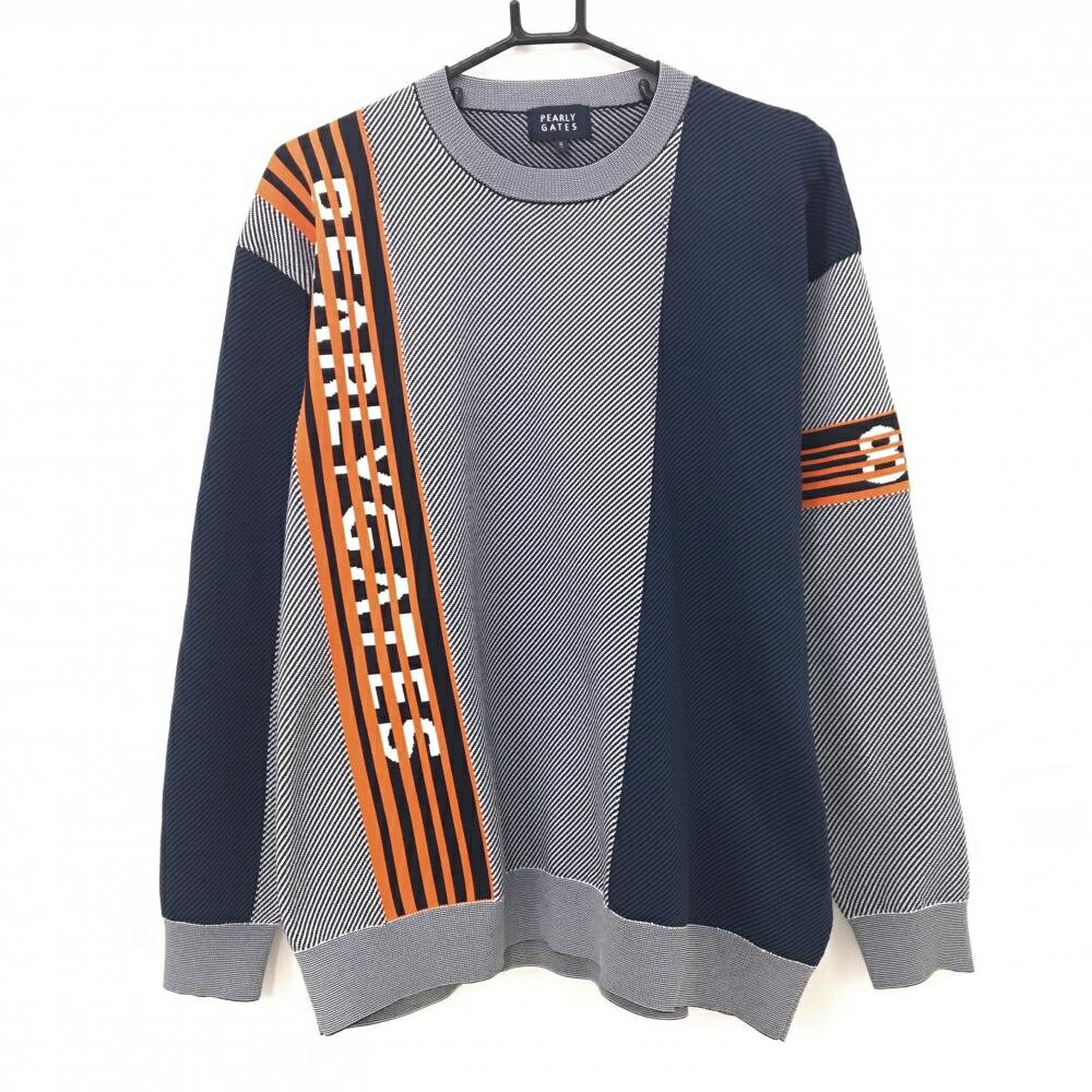 【美品】パーリーゲイツ セーター 白×黒×オレンジ 斜めストライプ調 ニット メンズ 5(L) ゴルフウェア ..