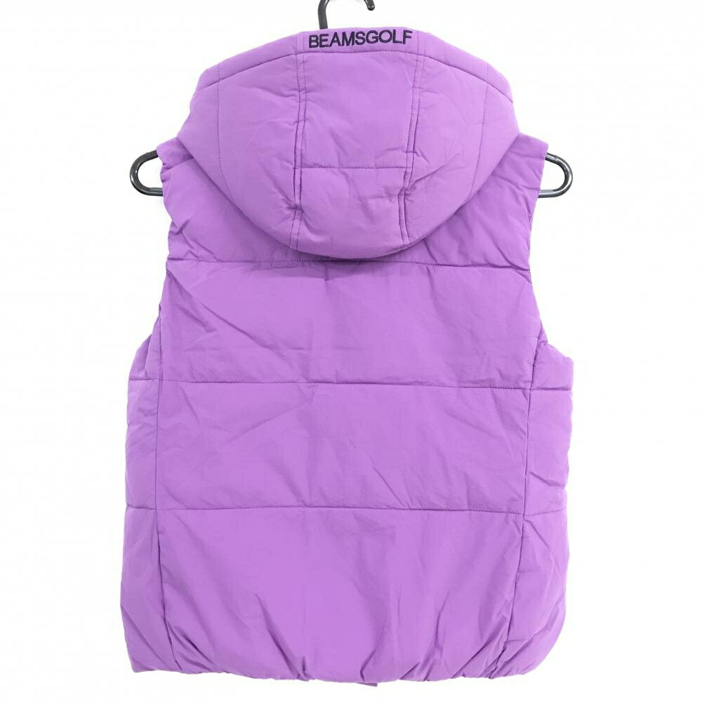 【超美品】ビームスゴルフ フード付中綿ベスト パープル 内側ロゴ総柄 フード着脱可 レディース S ゴルフウェア BEAMS GOLF