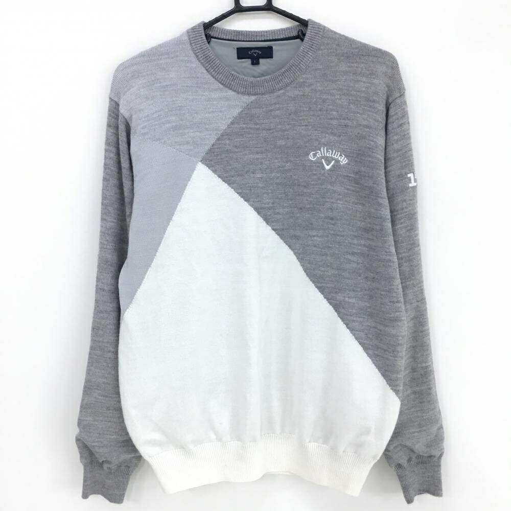 【超美品】キャロウェイ セーター グレー×白 ロゴ刺しゅう 裏地付き ウール混 メンズ L ゴルフウェア Callaway
