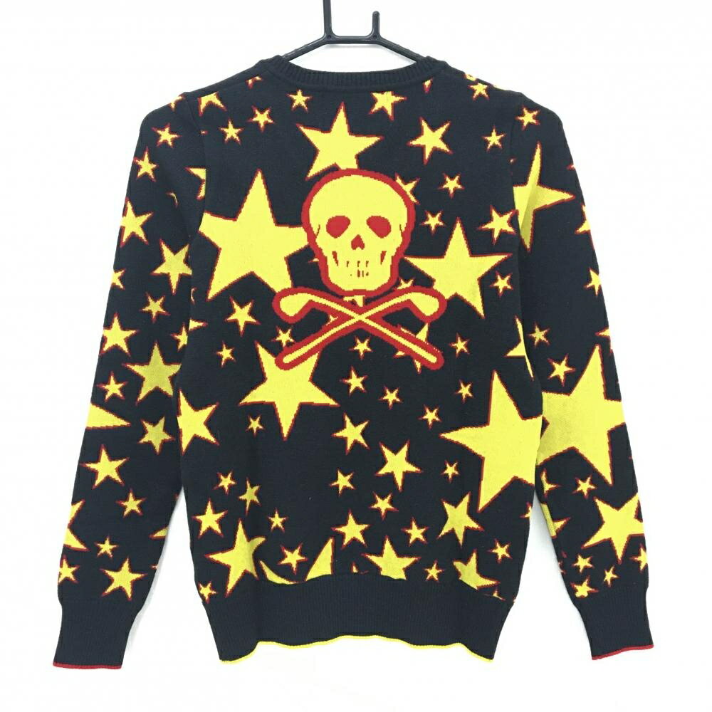 【超美品】マークアンドロナ セーター 黒×イエロー 星総柄 Vネック ラメ ニット スカル レディース S ゴルフウェア MARK＆LONA