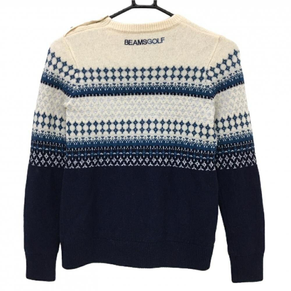 【美品】ビームスゴルフ セーター 白×ネイビー 胸上総柄 ウール混 蓄熱裏地 レディース S ゴルフウェア BEAMS GOLF