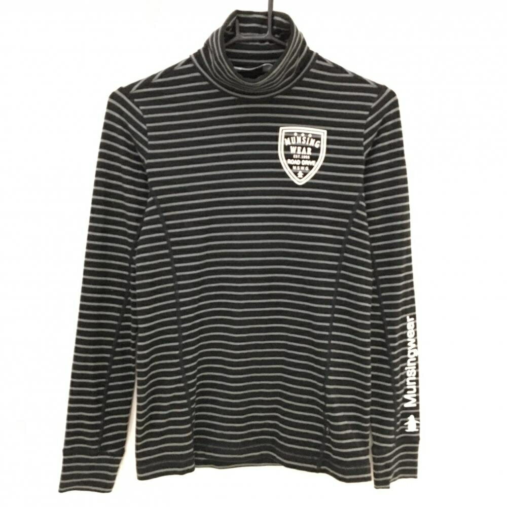 【美品】マンシングウェア 長袖タートルネックシャツ 黒×グレー ボーダー 微起毛 ストレッチ レディース M ゴルフウェア Munsingwear