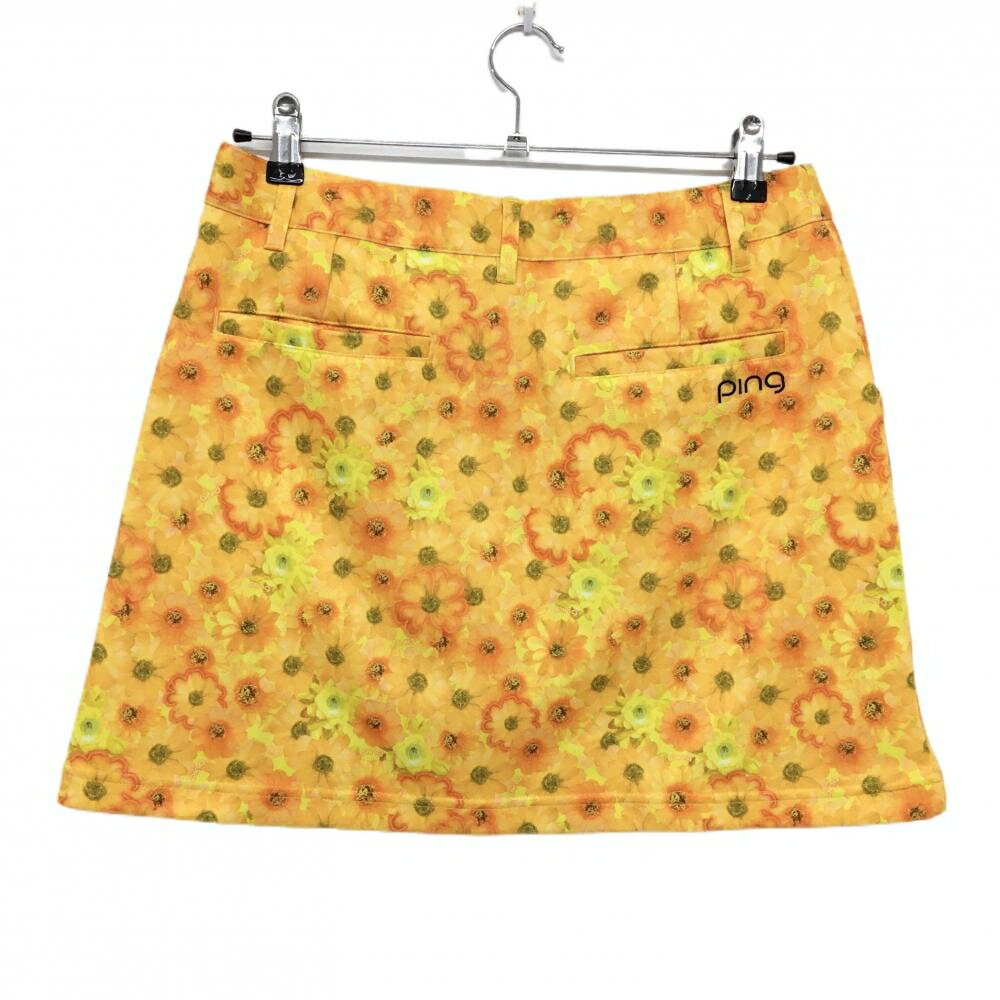 【超美品】ピン スカート イエロー×オレンジ 花柄 ロゴ刺しゅう レディース L ゴルフウェア PING