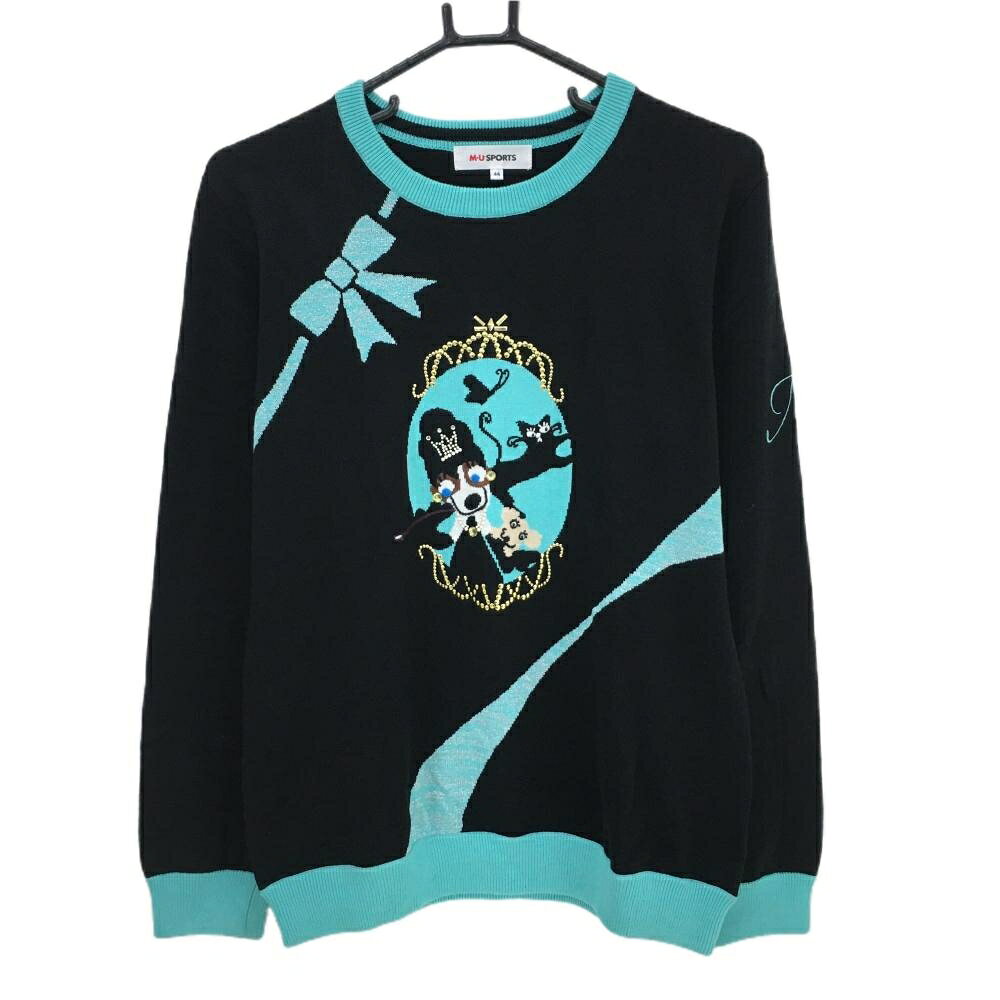 【超美品】MUスポーツ セーター 黒×ライトブルー アニマル スタッズ ニット レディース 44(XL) ゴルフウェア M・U SPORTS