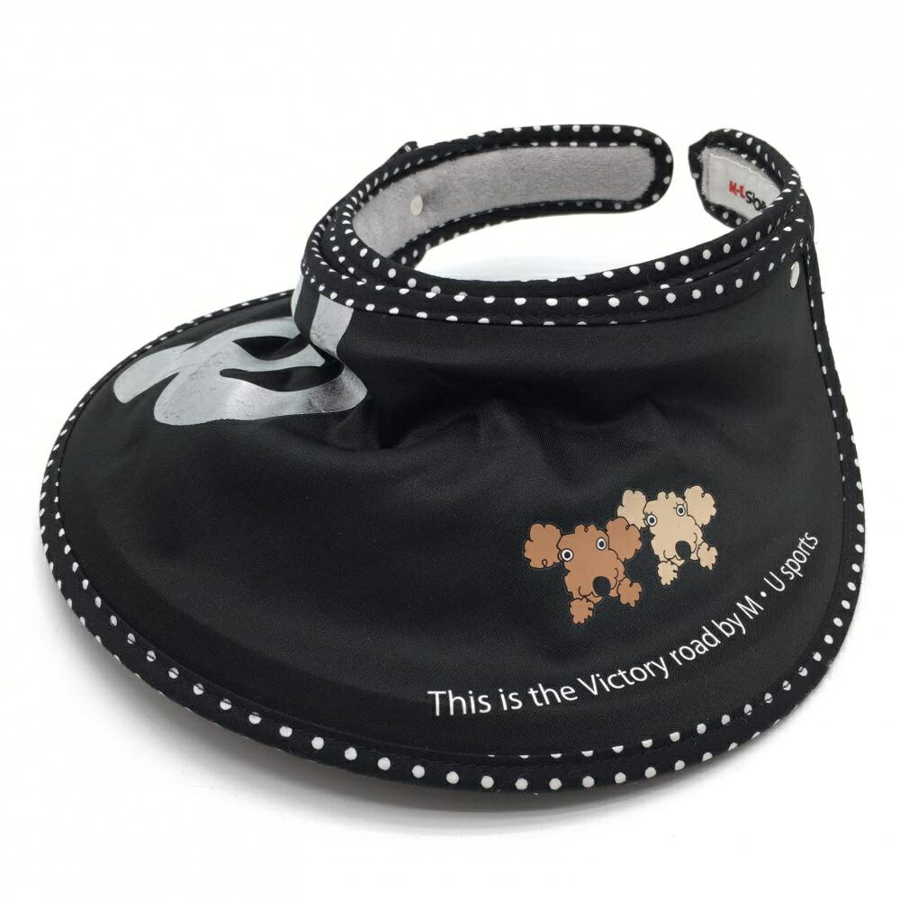 【美品】MUスポーツ つば広サンバイザー 黒×白 一部ドット柄 犬プリント レディース F ゴルフウェア M・U SPORTS