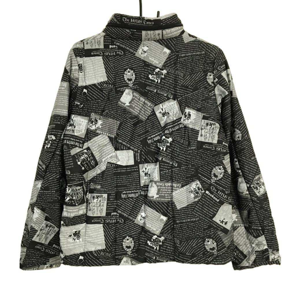 MUスポーツ 中綿ジャケット 黒×白 英字総柄 フード収納 所々色褪せ、 レディース 44(XL) ゴルフウェア M・U SPORTS