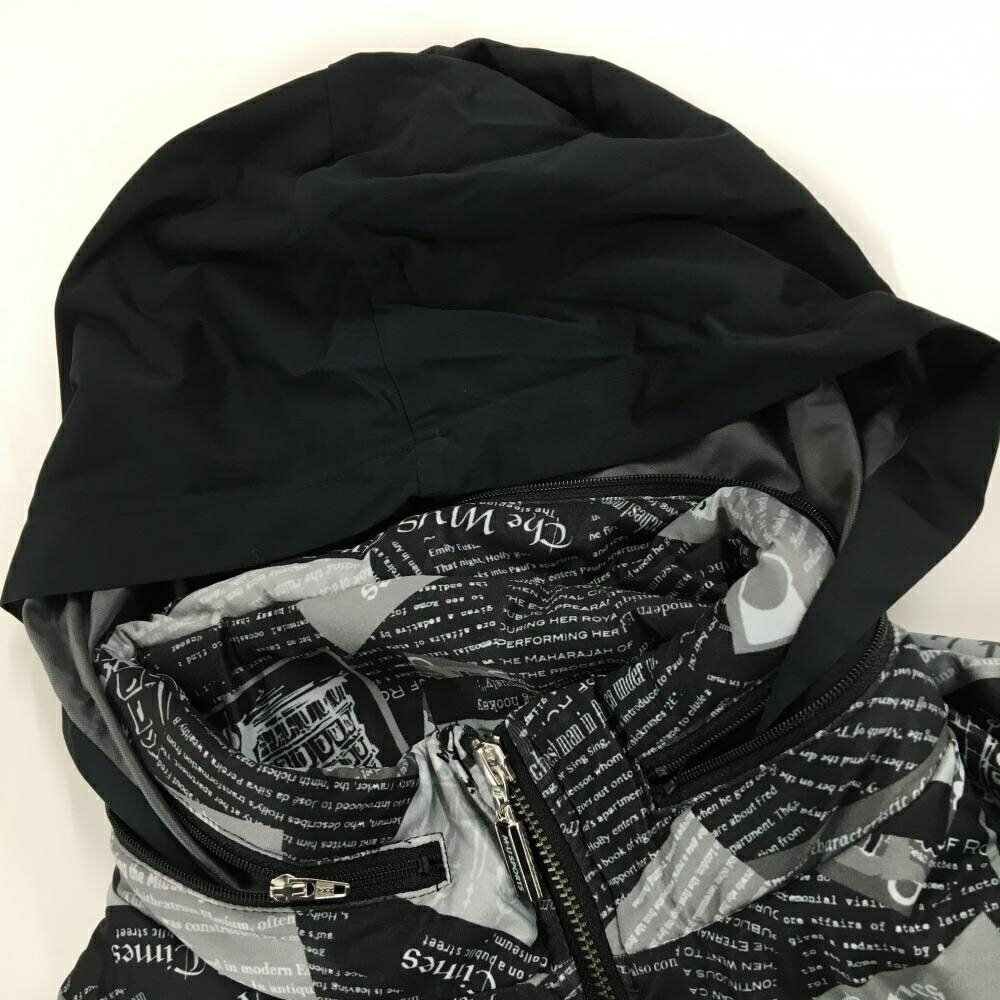 MUスポーツ 中綿ジャケット 黒×白 英字総柄 フード収納 所々色褪せ、 レディース 44(XL) ゴルフウェア M・U SPORTS