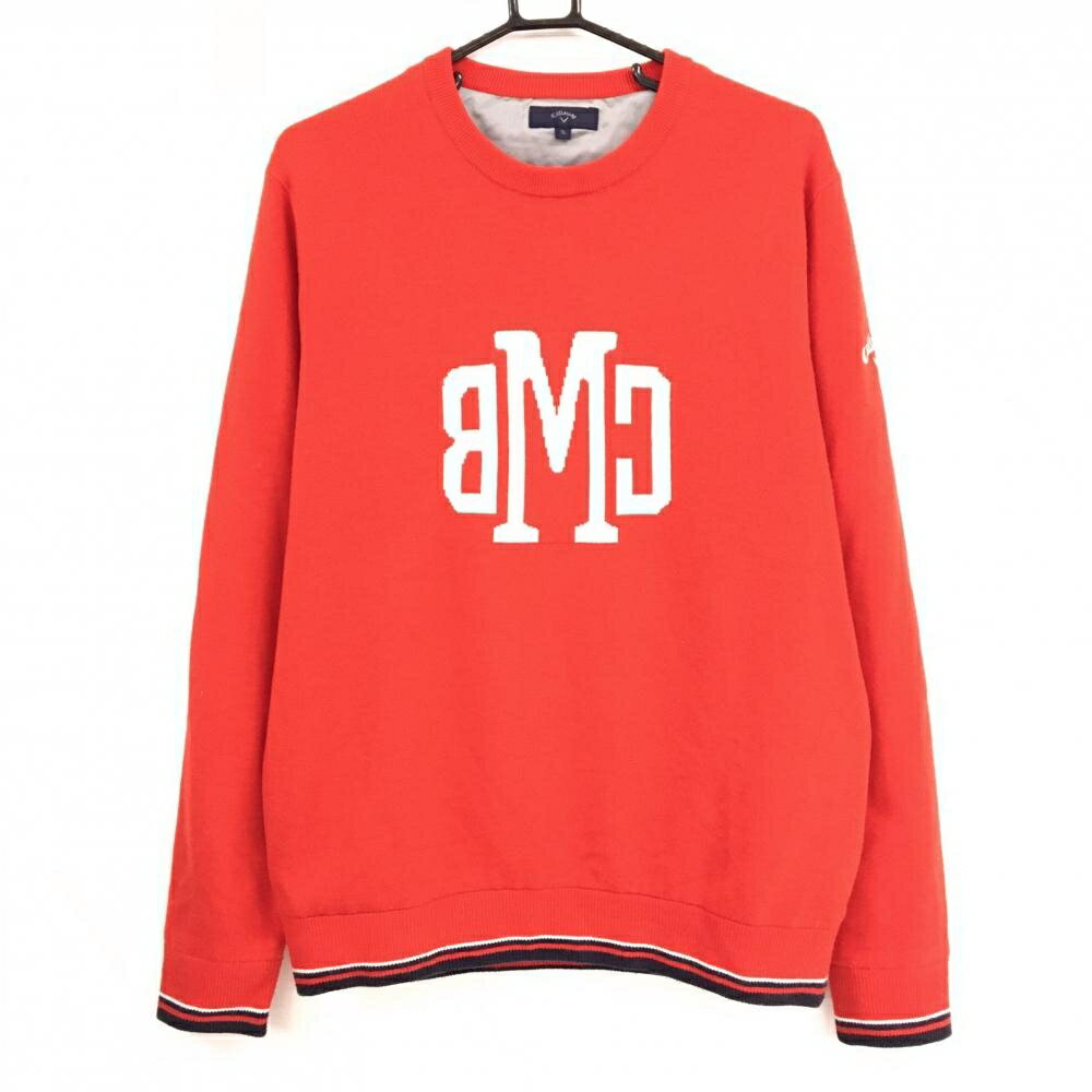 【美品】キャロウェイ セーター レッド×白 フロントロゴ 裏地付 ウール混 メンズ 3L ゴルフウェア 大きいサイズ Callaway