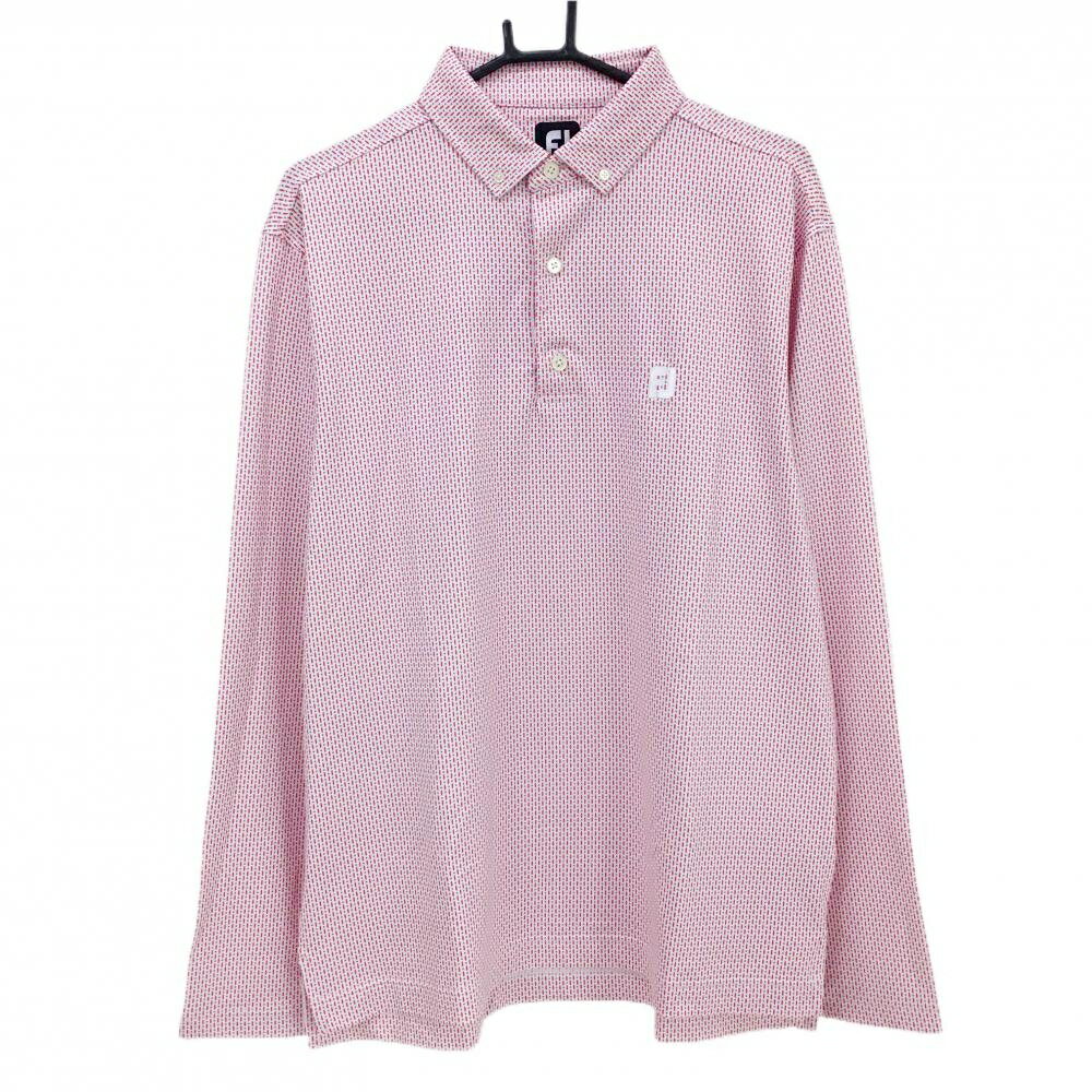 乐天商城 - [クーポン対象品]【超美品】フットジョイ 長袖ポロシャツ 白×レッド 総柄 ボタンダウン メンズ 2XL ゴルフウェア 大きいサイズ FootJoy