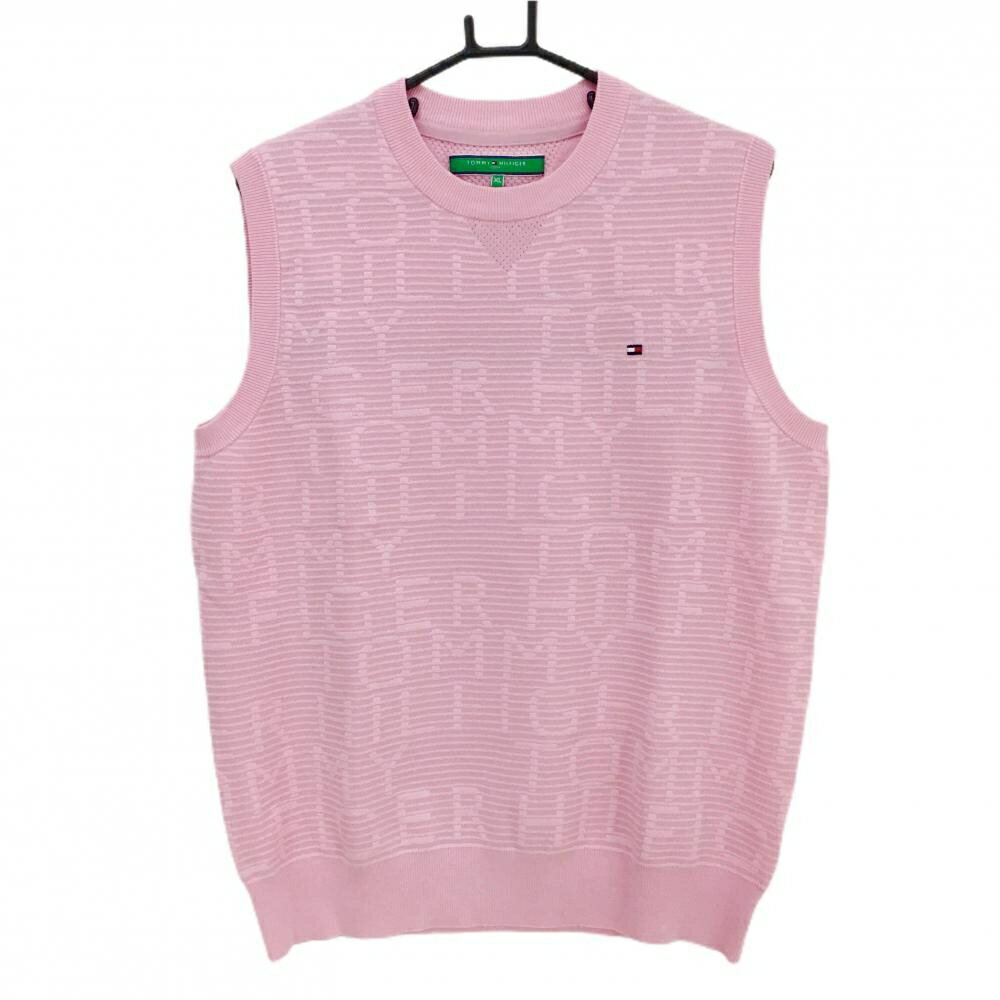 【超美品】トミーヒルフィガー ニットベスト ピンク ロゴ地模様編み メンズ XL ゴルフウェア Tommy Hilfiger Golf