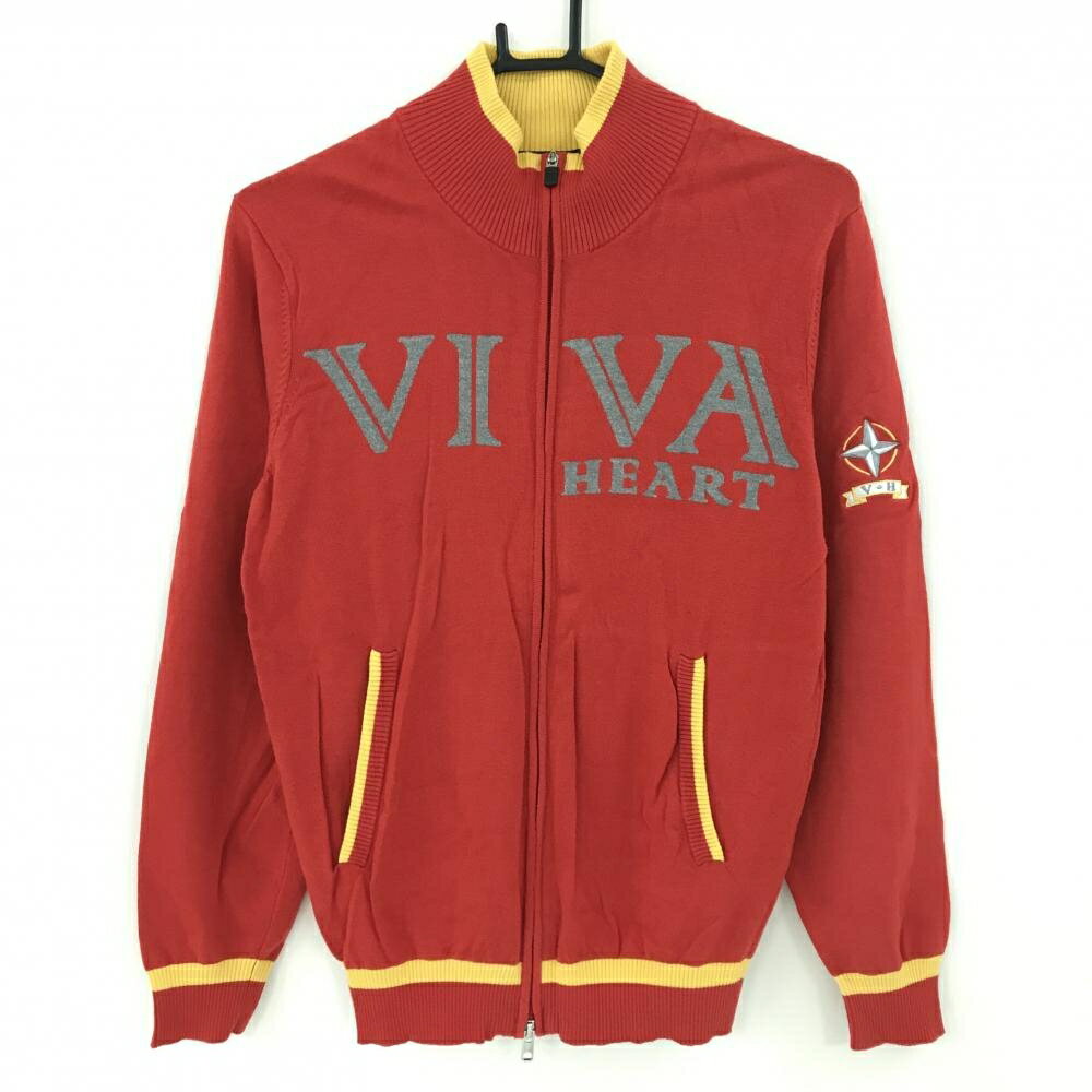 【美品】ビバハート ニットジャケット レッド×グレー×イエロー ダブルジップ 胸ロゴ メンズ 48(M) ゴルフウェア VIVA HEART