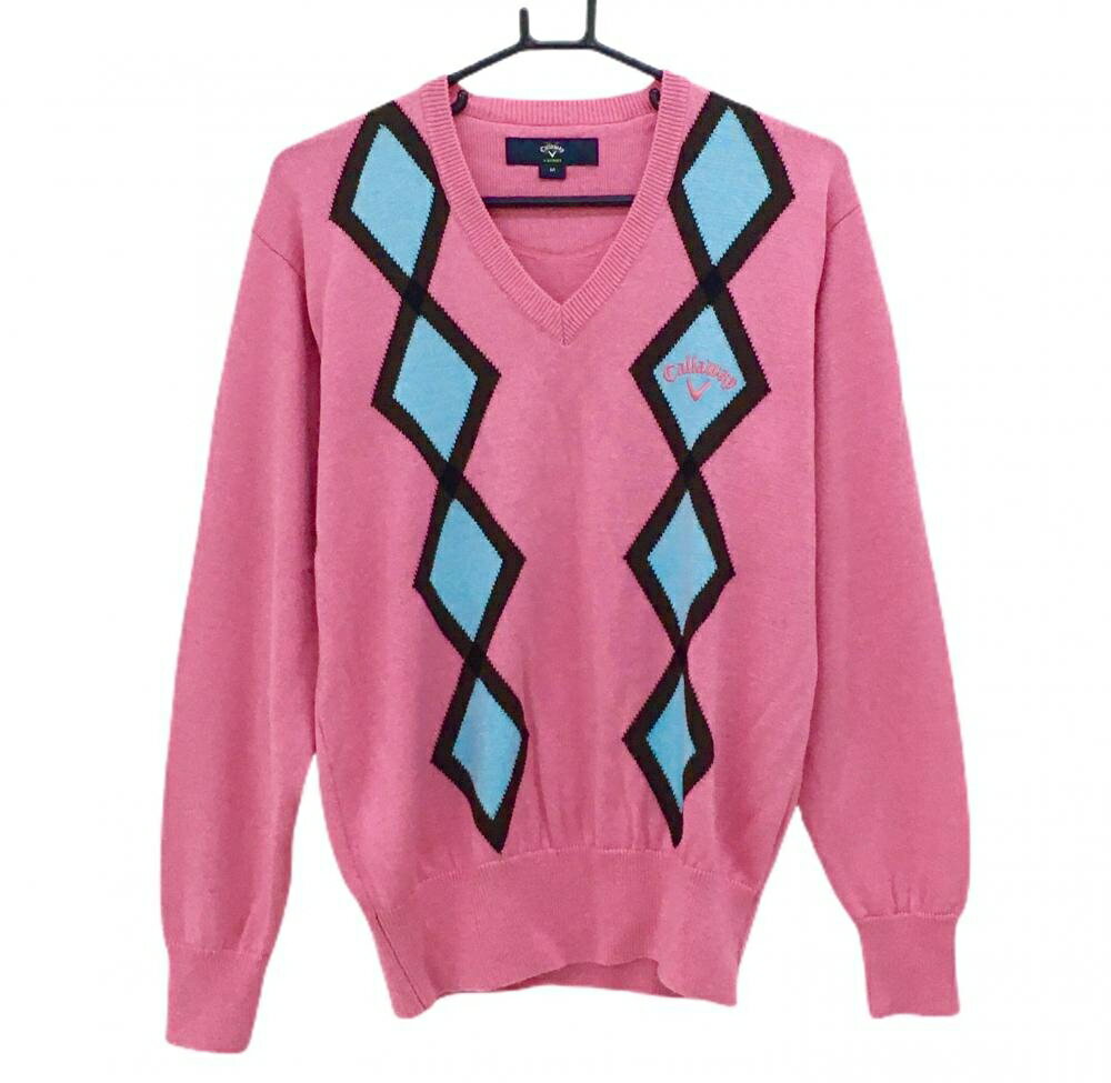 【美品】キャロウェイ セーター ピンク×ライトブルー フロントアーガイル風 胸ロゴ ウール混 Vネック メンズ M ゴルフウェア Callaway