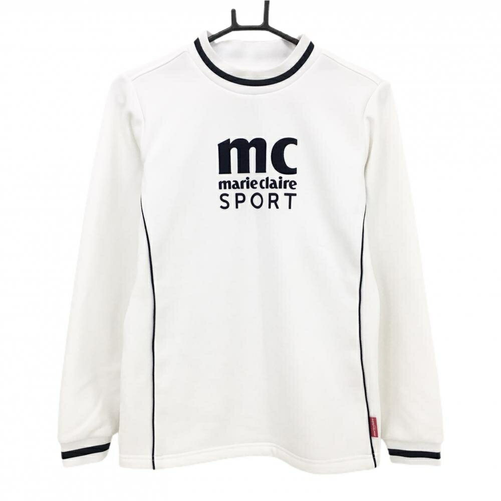 [クーポン対象品]マリクレール 長袖ハイネックシャツ 白×ネイビー 裏起毛 厚手 レディース L ゴルフウェア marie claire