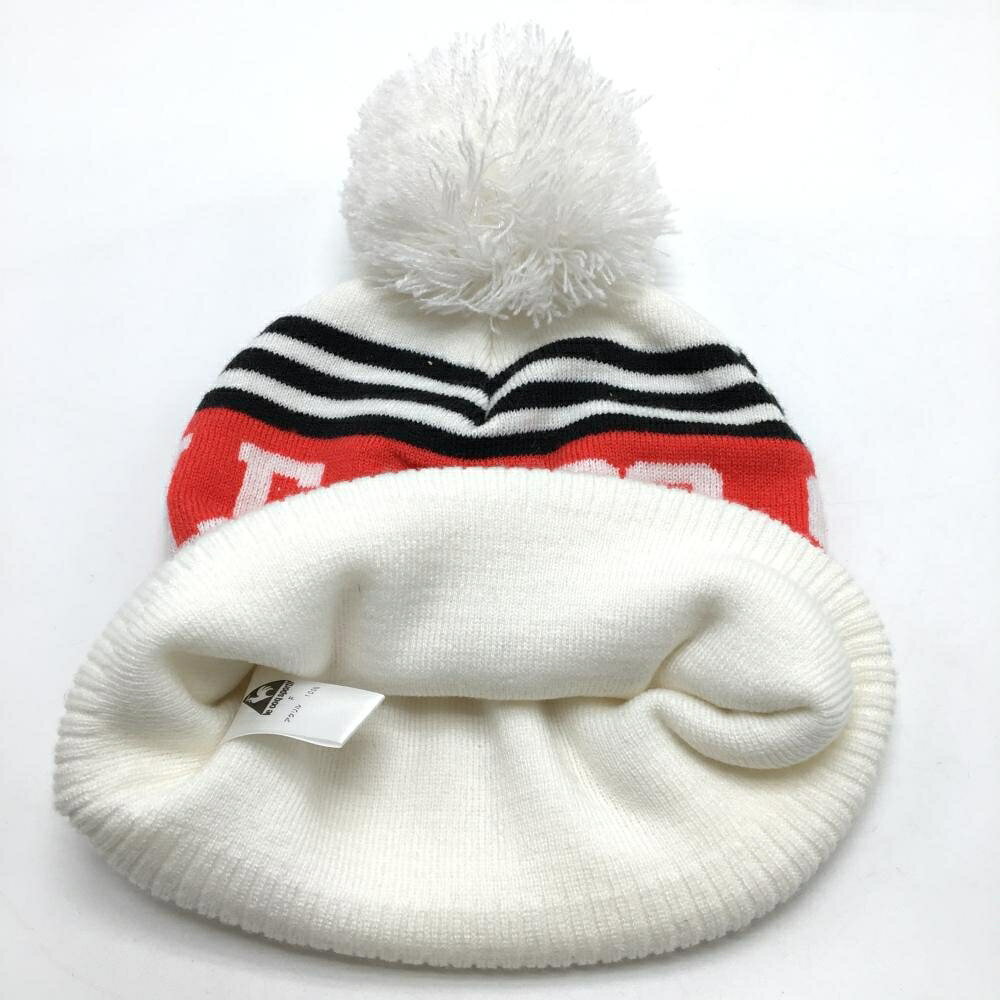 【超美品】ルコック ニット帽 白×レッド 一部ボーダー アクリル100％ ボンボン付 ...