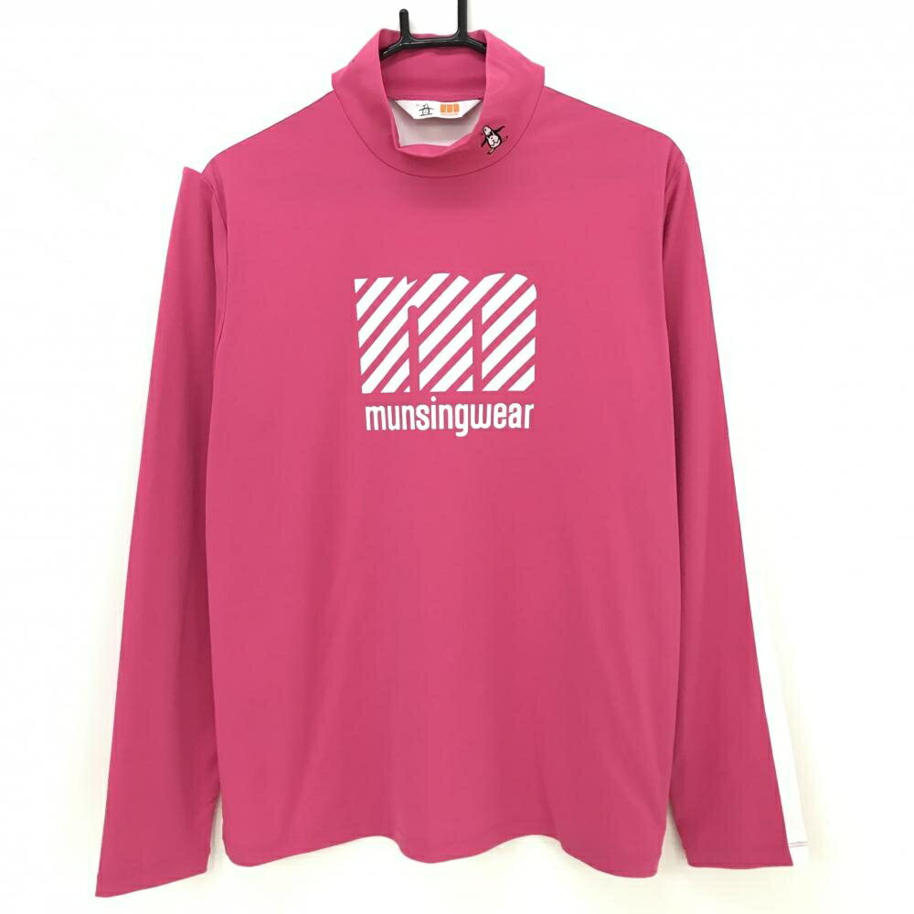 【美品】マンシングウェア 長袖ハイネックシャツ ピンク×白 フロントロゴ レディース 3L ゴルフウェア 大きいサイズ Munsingwear