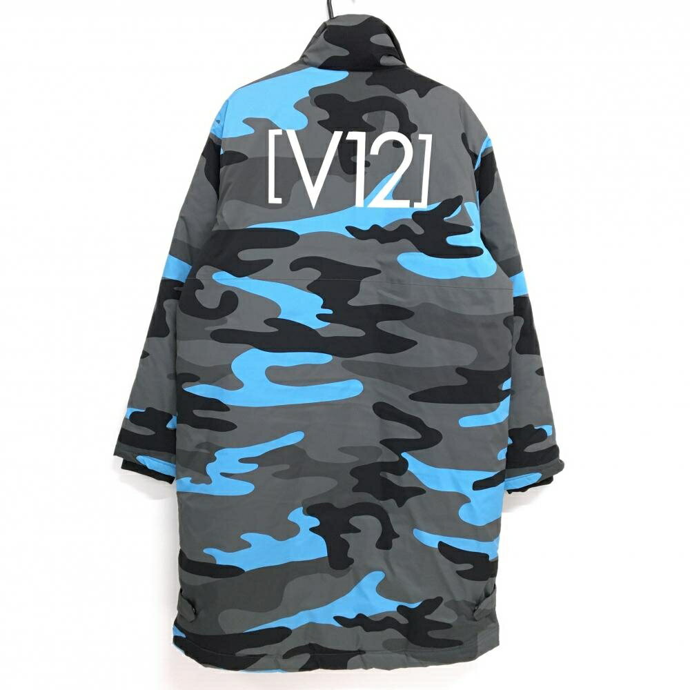 【美品】V12 中綿コート グレー×ライトブルー カモフラ ベンチコート ジャケット 迷彩 太もも付近・袖口汚れ メンズ L ゴルフウェア V12