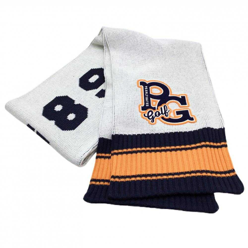 【美品】パーリーゲイツ マフラー 白×ネイビー×オレンジ ロング丈 ビッグワッペン FR ゴルフウェア PEARLY GATES