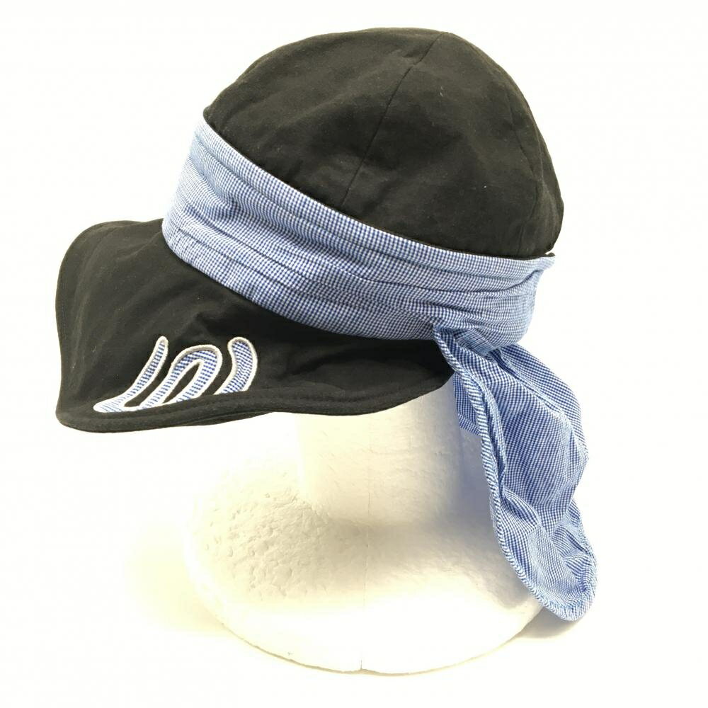 【美品】MUスポーツ 2WAYキャップ 黒×ブルー ロゴ刺しゅう サンバイザー 日よけ付き レディース F ゴルフウェア M・U SPORTS