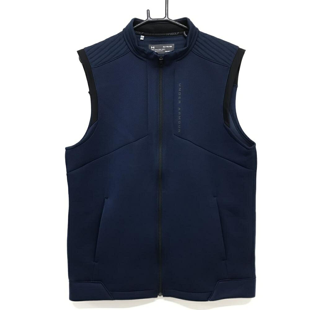 【超美品】アンダーアーマー ジップベスト ネイビー ピンドット風 肩異素材 メンズ XL ゴルフウェア UNDER ARMOUR